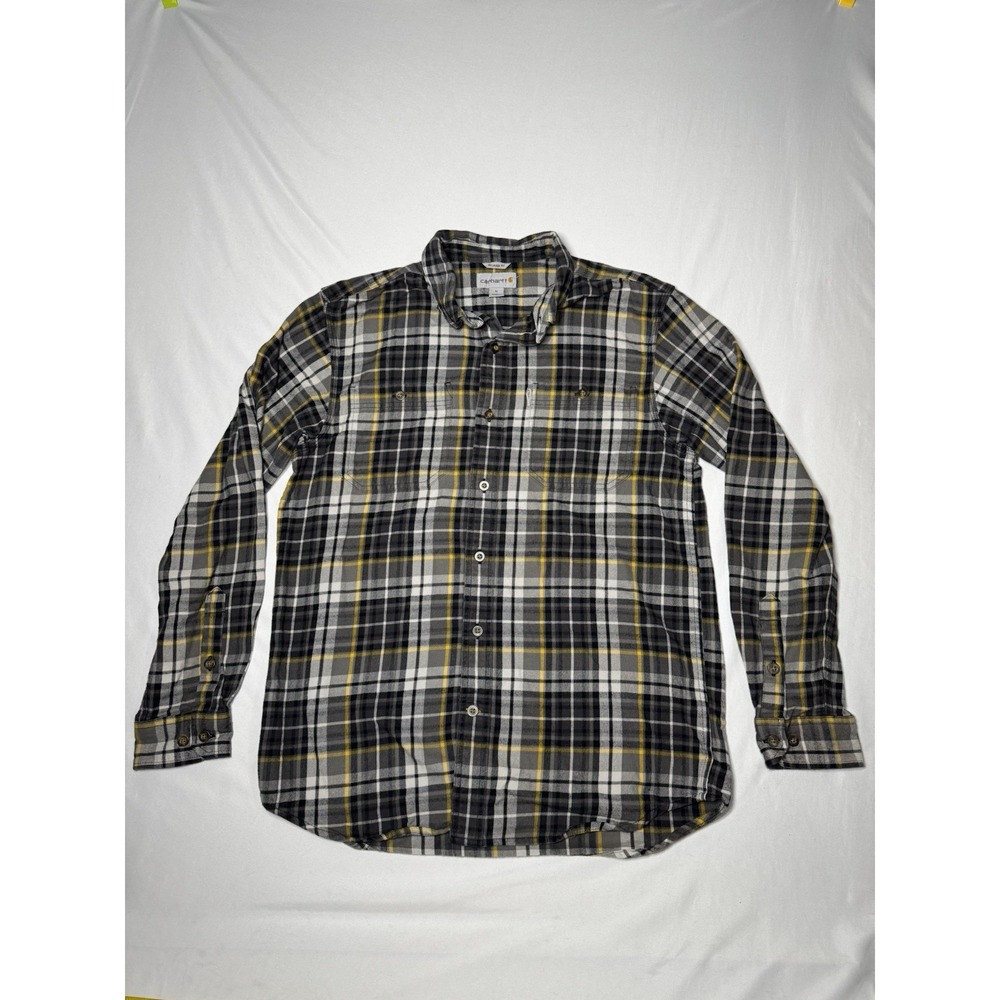 Carhartt Mens Relaxed Fit Plaid Flannel Shirt Gray Yellow Black Long Sleeve M